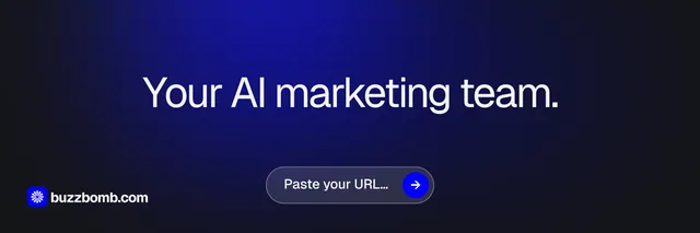 X header for BuzzBomb: "Your AI marketing team." Agentic glass style, centred layout, dark palette in blue.