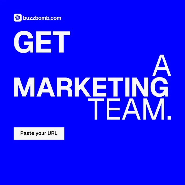 Instagram post for BuzzBomb: "Get a marketing team." Swiss style, stacked layout, dark palette in blue.