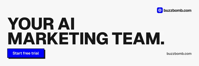 X header for BuzzBomb: "Your AI marketing team." Brutalist style, poster layout, light palette in white, blue, grey.