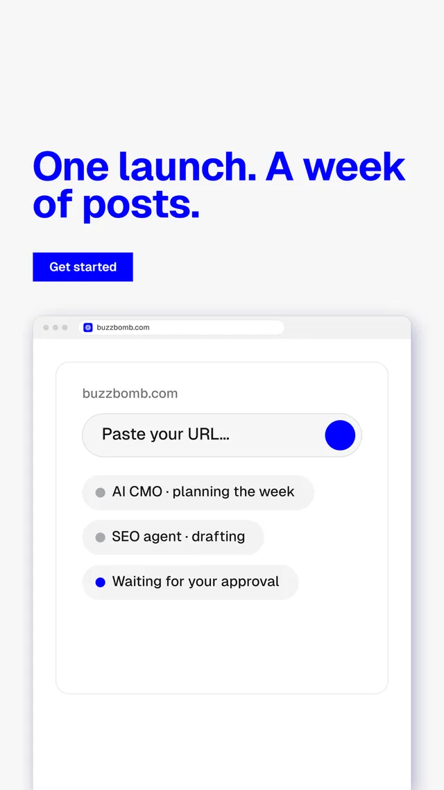 Instagram story for BuzzBomb: "One launch. A week of posts." Swiss style, browser layout, light palette in white, blue.
