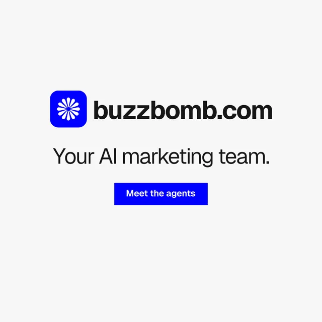 Instagram post for BuzzBomb: "Your AI marketing team." Swiss style, logo hero layout, light palette in white.