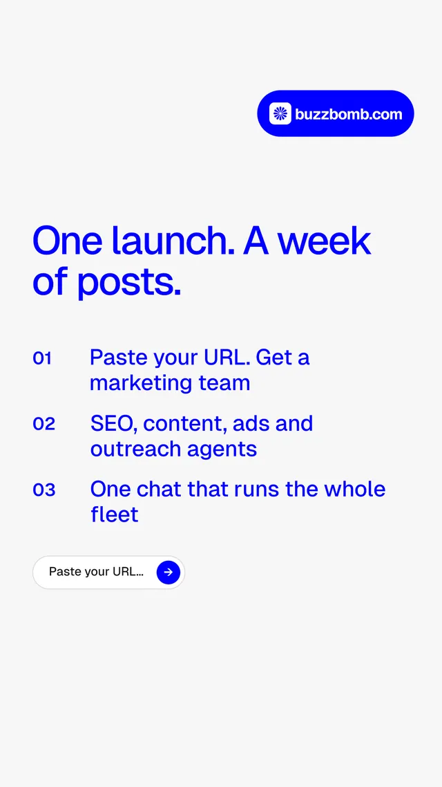 Instagram story for BuzzBomb: "One launch. A week of posts." Agentic glass style, numbered layout, light palette in white, blue.