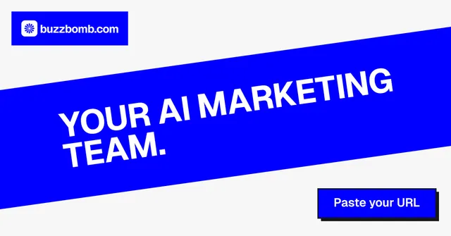Social ad for BuzzBomb: "Your AI marketing team." Brutalist style, diagonal layout, light palette in blue, white.