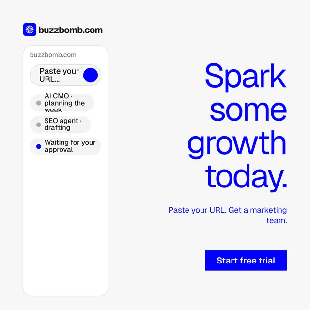 Instagram post for BuzzBomb: "Spark some growth today." Swiss style, right layout, light palette in white, blue.
