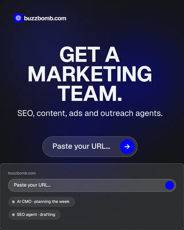 Instagram portrait post for BuzzBomb: "Get a marketing team." Agentic glass style, skeleton layout, dark palette in black, blue, grey.