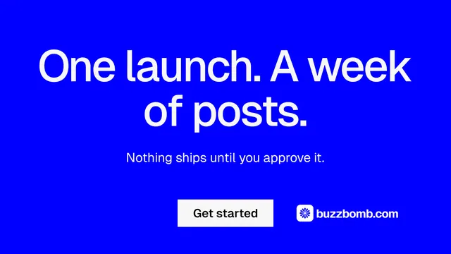 Landscape graphic for BuzzBomb: "One launch. A week of posts." Swiss style, centred layout, dark palette in blue.