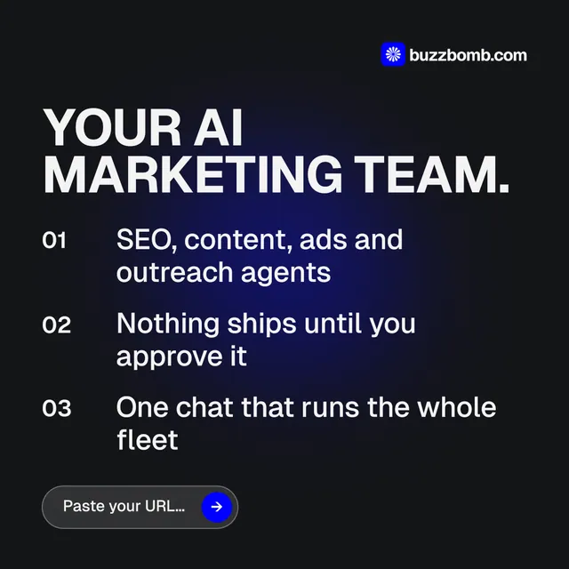 Instagram post for BuzzBomb: "Your AI marketing team." Agentic glass style, numbered layout, dark palette in black, blue, grey.