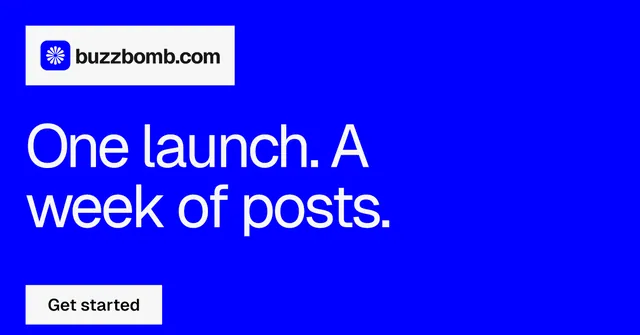 Social ad for BuzzBomb: "One launch. A week of posts." Split block style, announce layout, dark palette in blue, white.