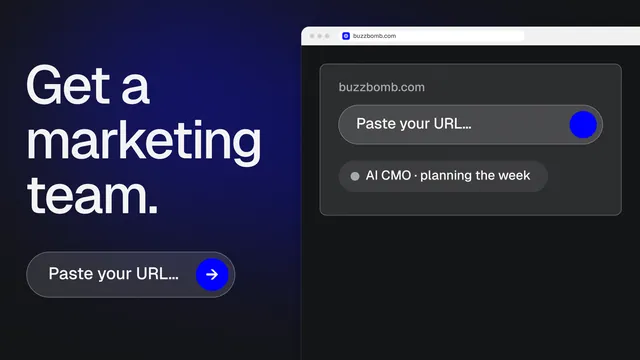 Landscape graphic for BuzzBomb: "Get a marketing team." Agentic glass style, browser layout, dark palette in black, blue, grey.