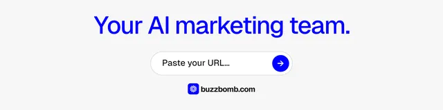 LinkedIn banner for BuzzBomb: "Your AI marketing team." Agentic glass style, skeleton layout, light palette in white, blue.