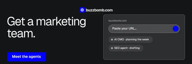 X header for BuzzBomb: "Get a marketing team." Split block style, bottom layout, dark palette in black, grey.