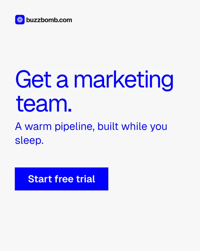 Instagram portrait post for BuzzBomb: "Get a marketing team." Swiss style, skeleton layout, light palette in white, blue.