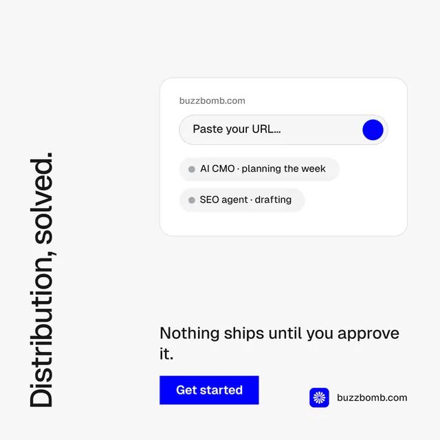 Instagram post for BuzzBomb: "Distribution, solved." Swiss style, vertical layout, light palette in white, blue.