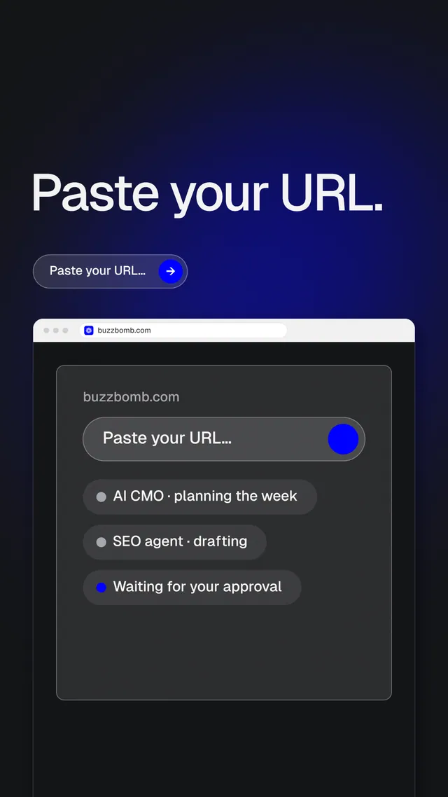 Instagram story for BuzzBomb: "Paste your URL." Agentic glass style, browser layout, dark palette in black, blue, grey.