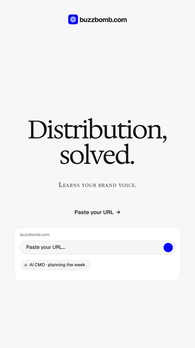 Instagram story for BuzzBomb: "Distribution, solved." Swiss style, smallcaps layout, light palette in white.