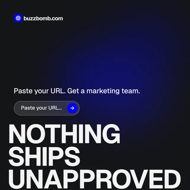 Instagram post for BuzzBomb: "Nothing ships unapproved." Agentic glass style, oversized layout, dark palette in black, blue, grey.