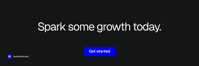 X header for BuzzBomb: "Spark some growth today." Split block style, centred layout, dark palette in black, grey.