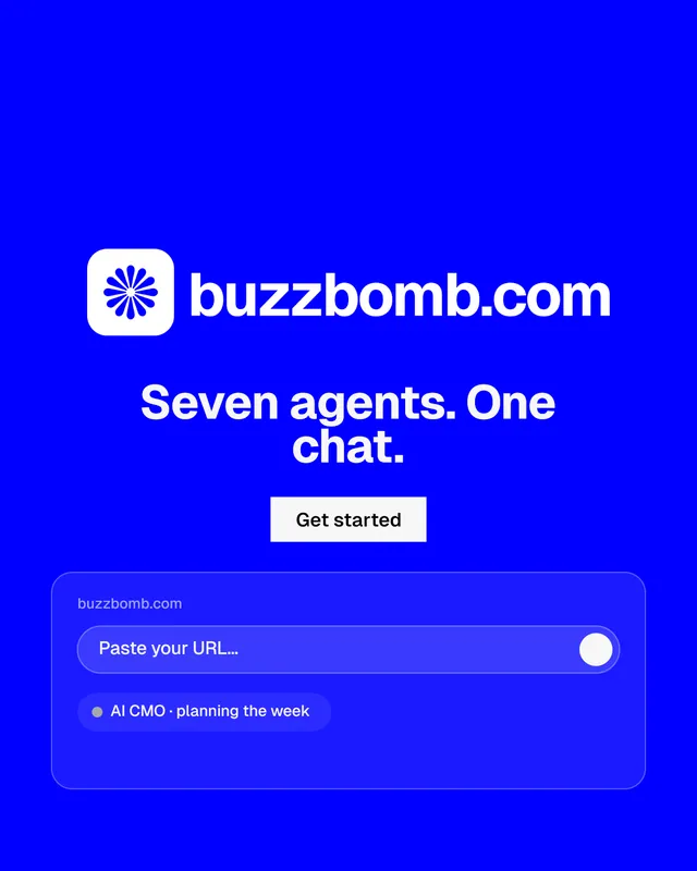 Instagram portrait post for BuzzBomb: "Seven agents. One chat." Swiss style, logo hero layout, dark palette in blue.
