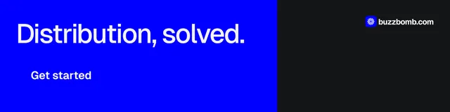 LinkedIn banner for BuzzBomb: "Distribution, solved." Split block style, skeleton layout, dark palette in blue, black.