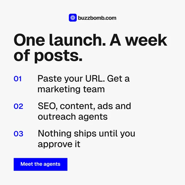 Instagram post for BuzzBomb: "One launch. A week of posts." Swiss style, numbered layout, light palette in white, grey.