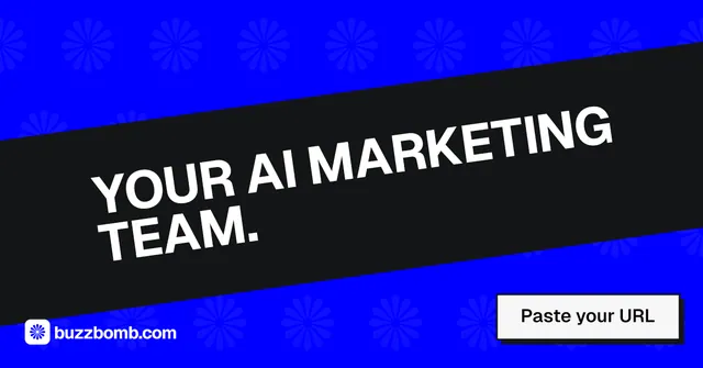 Social ad for BuzzBomb: "Your AI marketing team." Brutalist style, diagonal layout, dark palette in blue, black, grey.