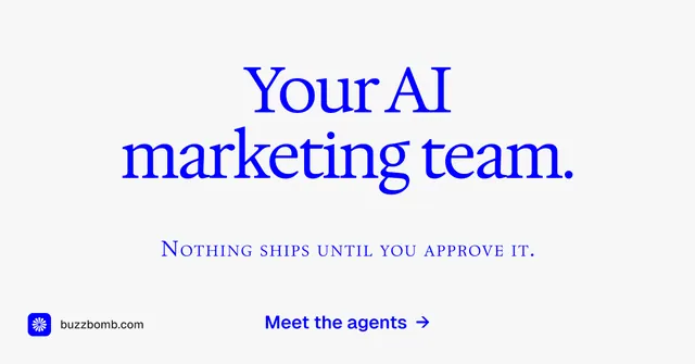 Social ad for BuzzBomb: "Your AI marketing team." Agentic glass style, smallcaps layout, light palette in white, blue.