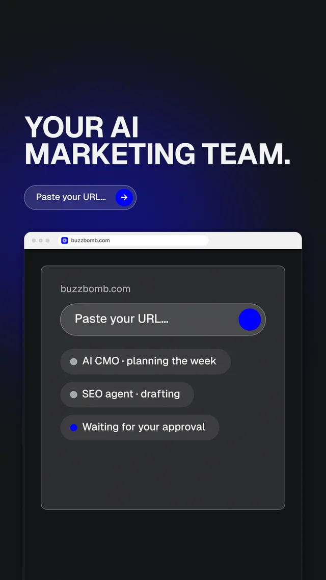 Instagram story for BuzzBomb: "Your AI marketing team." Agentic glass style, browser layout, dark palette in black, grey, blue.
