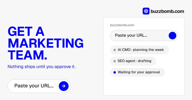 Social ad for BuzzBomb: "Get a marketing team." Agentic glass style, bottom layout, light palette in white, blue.