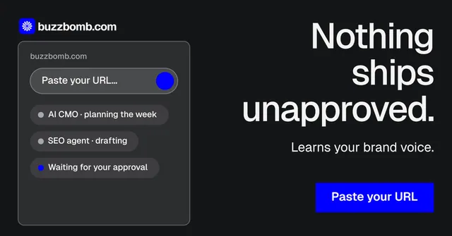 Social ad for BuzzBomb: "Nothing ships unapproved." Swiss style, right layout, dark palette in black, grey.