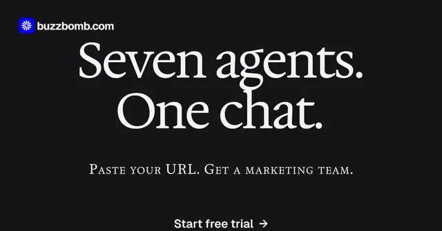 Social ad for BuzzBomb: "Seven agents. One chat." Split block style, smallcaps layout, dark palette in black, grey.