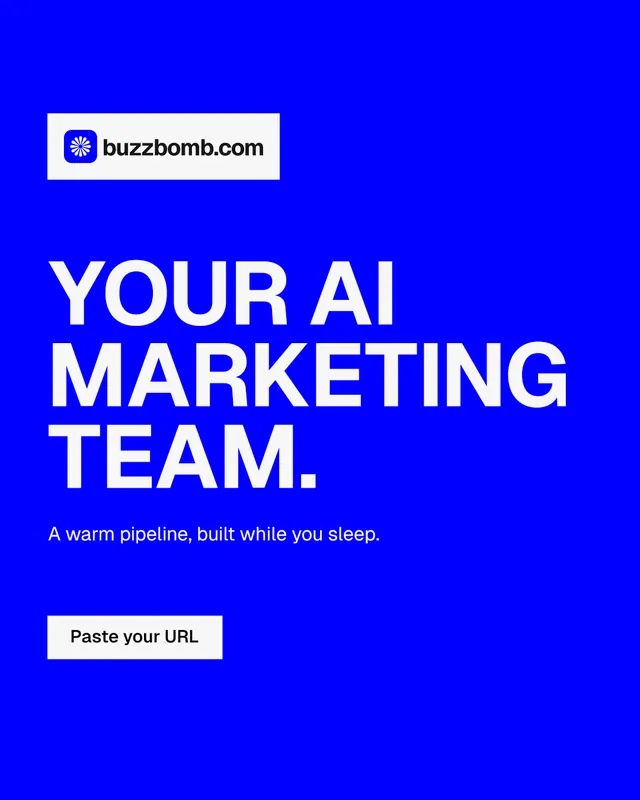 Instagram portrait post for BuzzBomb: "Your AI marketing team." Split block style, announce layout, dark palette in blue.
