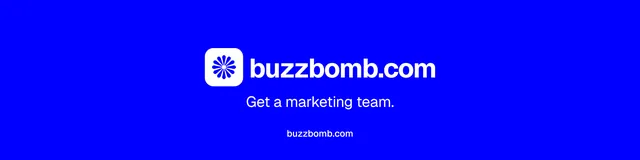 LinkedIn banner for BuzzBomb: "Get a marketing team." Agentic glass style, end card layout, dark palette in blue.