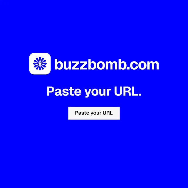 Instagram post for BuzzBomb: "Paste your URL." Split block style, logo hero layout, dark palette in blue.