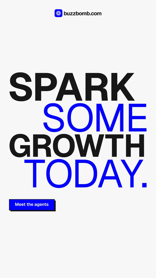 Instagram story for BuzzBomb: "Spark some growth today." Brutalist style, stacked layout, light palette in white, blue.