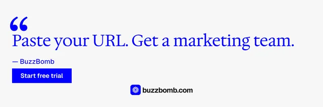 X header for BuzzBomb: "Paste your URL." Swiss style, quote layout, light palette in white, blue.