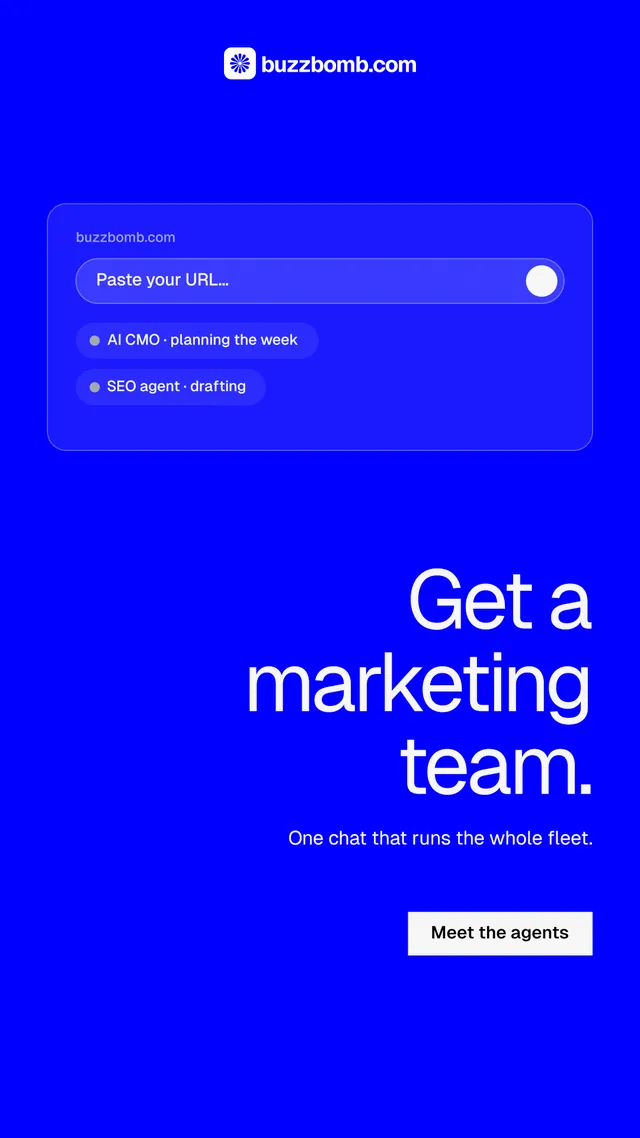 Instagram story for BuzzBomb: "Get a marketing team." Split block style, right layout, dark palette in blue.
