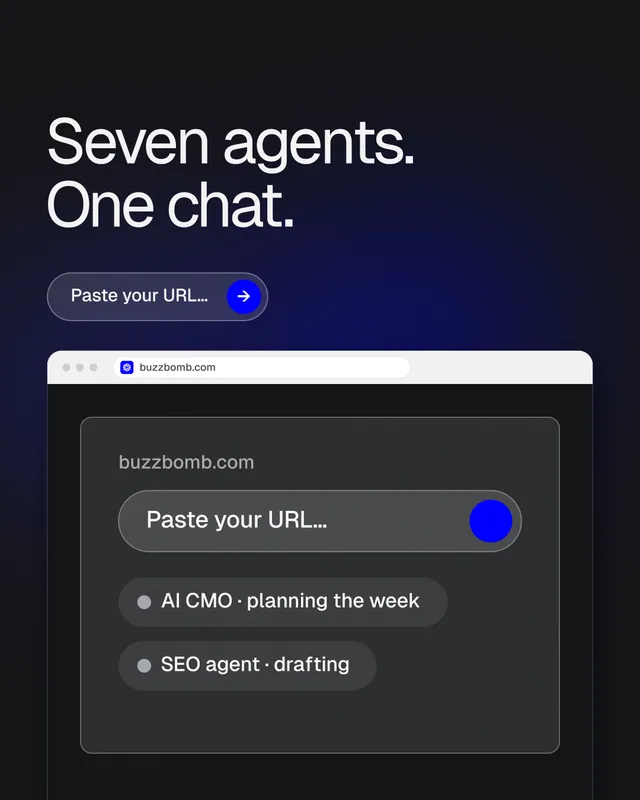 Instagram portrait post for BuzzBomb: "Seven agents. One chat." Agentic glass style, browser layout, dark palette in black, grey, blue.