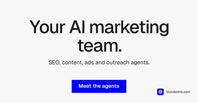 Social ad for BuzzBomb: "Your AI marketing team." Swiss style, centred layout, light palette in white, blue, grey.