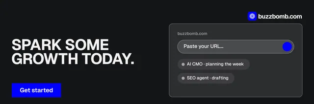 X header for BuzzBomb: "Spark some growth today." Swiss style, bottom layout, dark palette in black, grey.