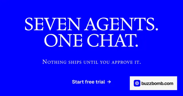 Social ad for BuzzBomb: "Seven agents. One chat." Swiss style, smallcaps layout, dark palette in blue.