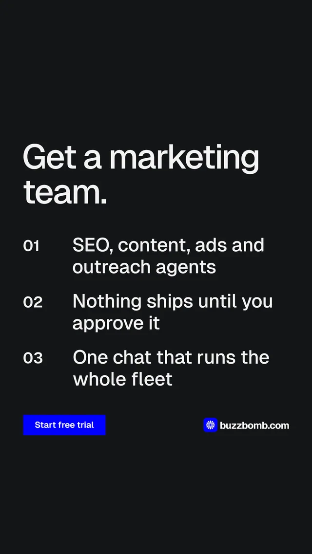 Instagram story for BuzzBomb: "Get a marketing team." Split block style, numbered layout, dark palette in black, grey.