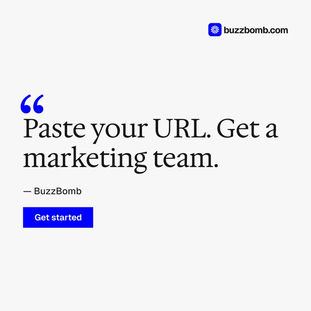 Instagram post for BuzzBomb: "Get a marketing team." Swiss style, quote layout, light palette in white, blue.