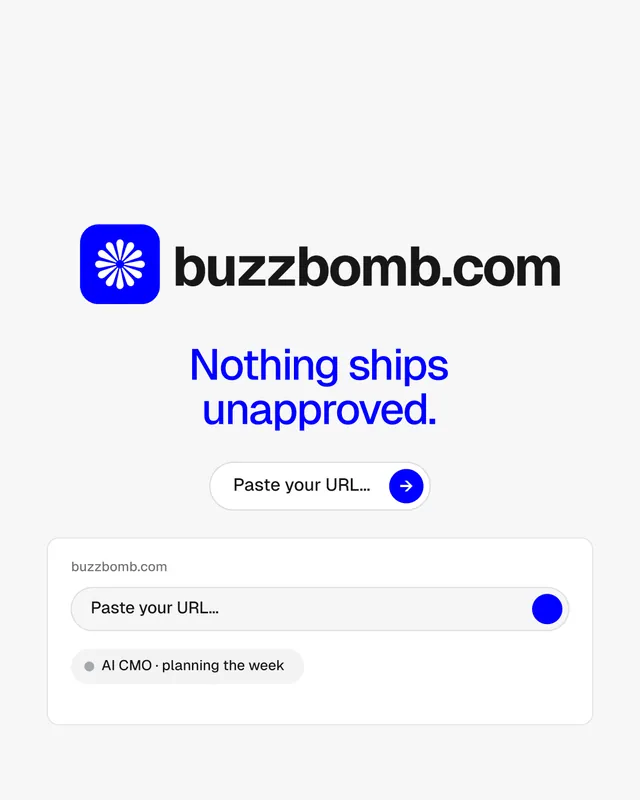 Instagram portrait post for BuzzBomb: "Nothing ships unapproved." Agentic glass style, logo hero layout, light palette in white, blue.
