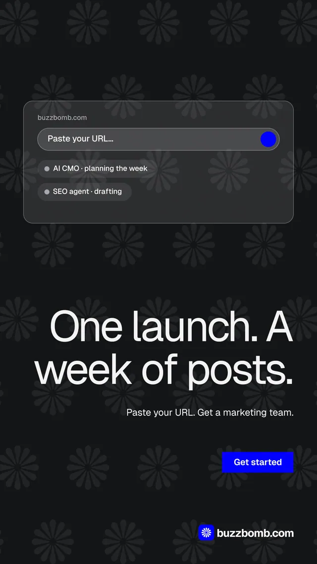 Instagram story for BuzzBomb: "One launch. A week of posts." Split block style, right layout, dark palette in black, grey.