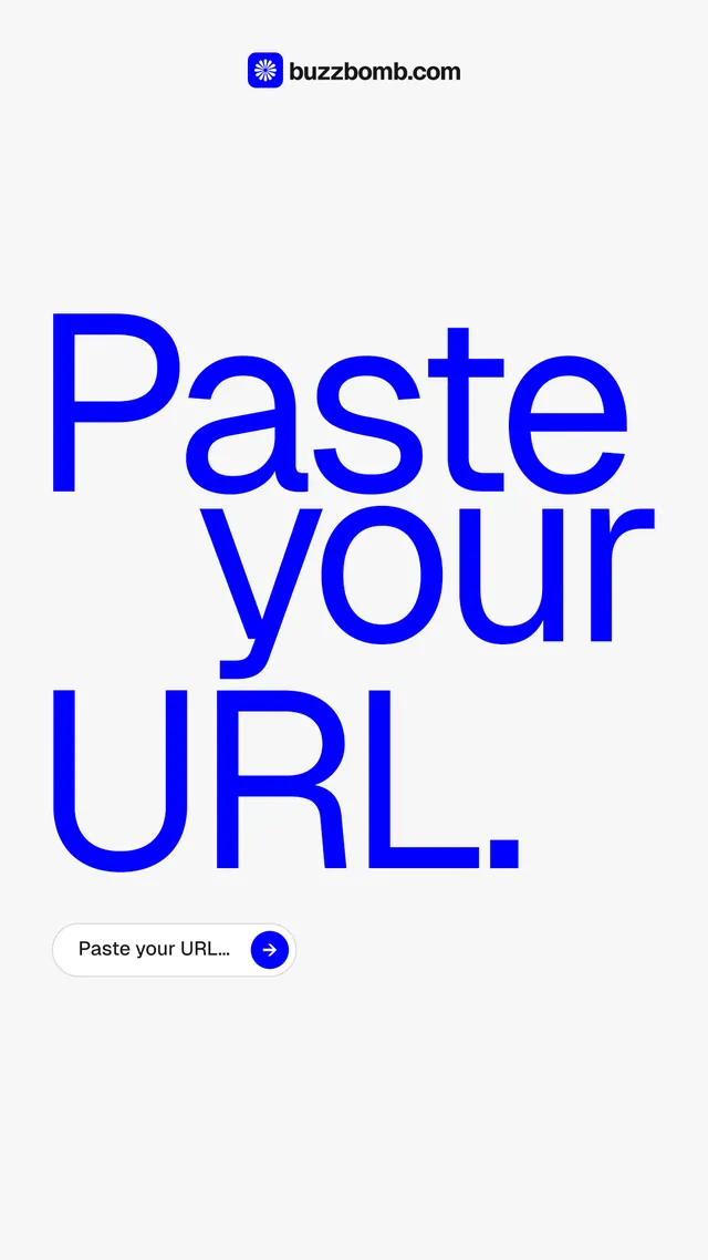 Instagram story for BuzzBomb: "Paste your URL." Agentic glass style, stacked layout, light palette in white, blue.