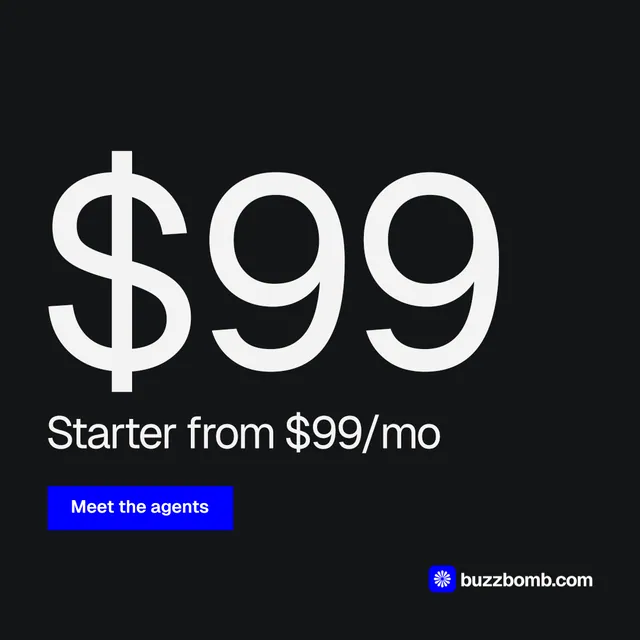 Instagram post for BuzzBomb: "Get a marketing team." Split block style, stat layout, dark palette in black, grey.