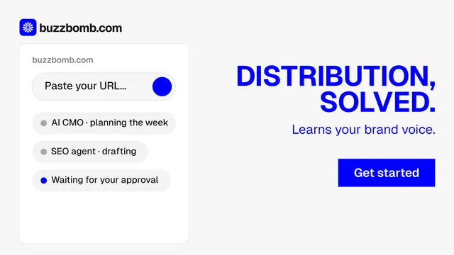 Landscape graphic for BuzzBomb: "Distribution, solved." Swiss style, right layout, light palette in white, blue.