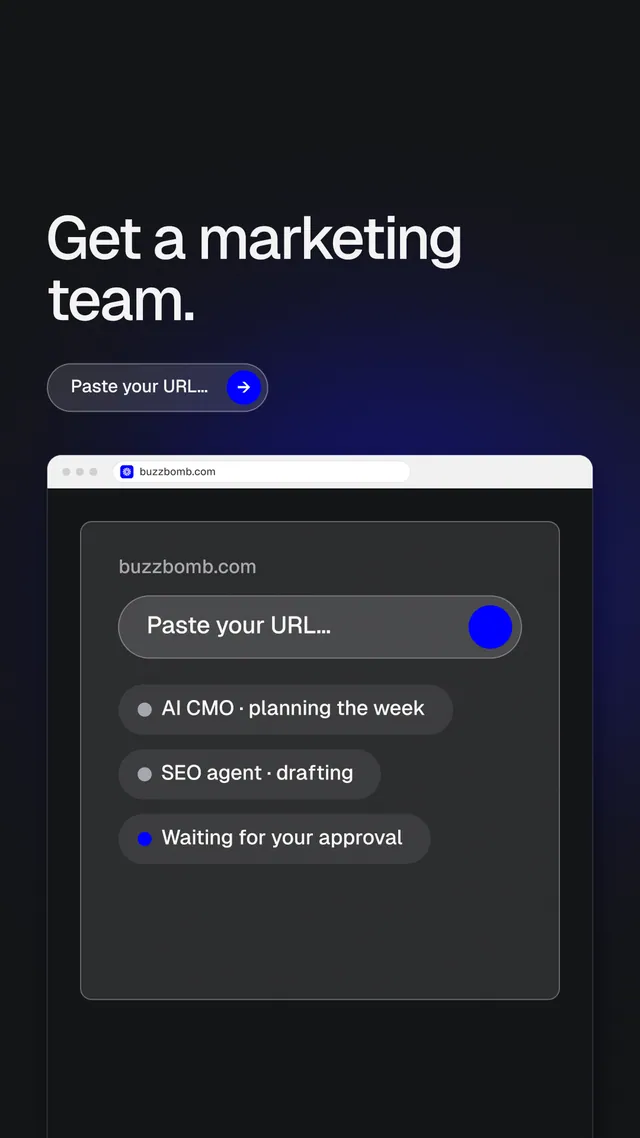 Instagram story for BuzzBomb: "Get a marketing team." Agentic glass style, browser layout, dark palette in black, grey.