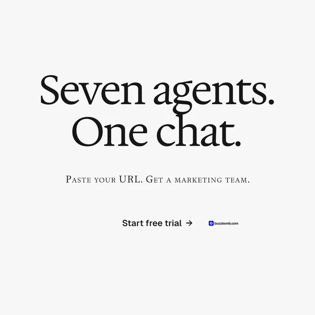 Instagram post for BuzzBomb: "Seven agents. One chat." Swiss style, smallcaps layout, light palette in white.