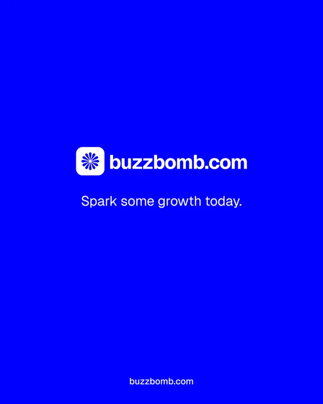 Instagram portrait post for BuzzBomb: "Spark some growth today." Brutalist style, end card layout, dark palette in blue.